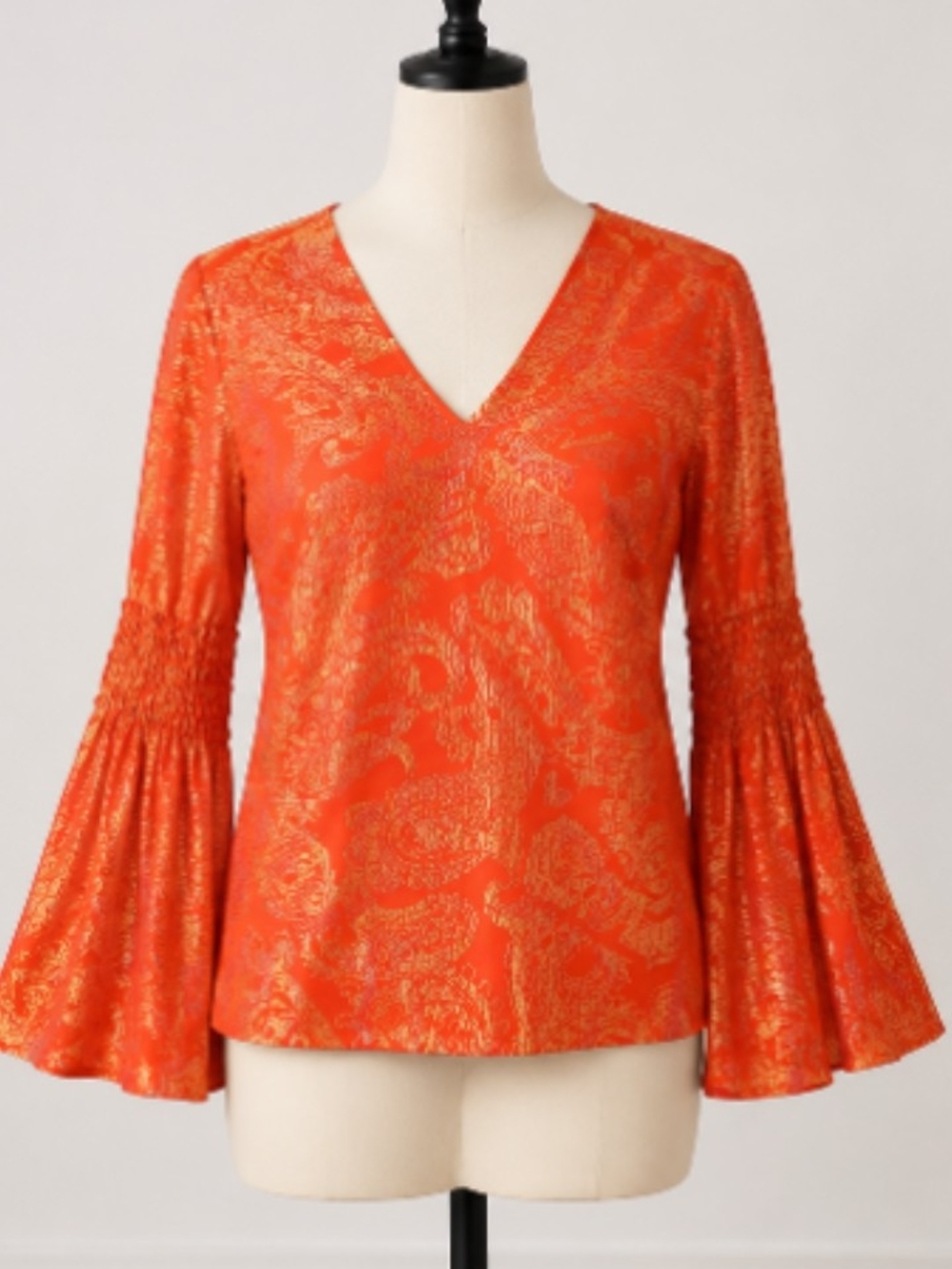 Michael Kors Orange Metallic Paisley V-Neck Smocked Bell-Sleeve Top